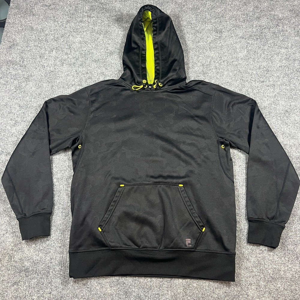 Fila Sport Hoodie Mens Medium Black Camouflage Fleece Lined Kangaroo‎ Pockets